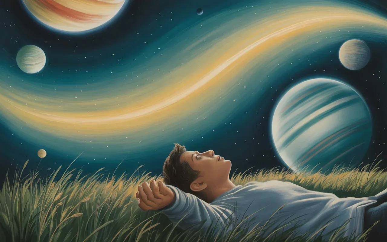 Person lying in a field at night gazing at giant planets in a warm teal and golden dreamscape
