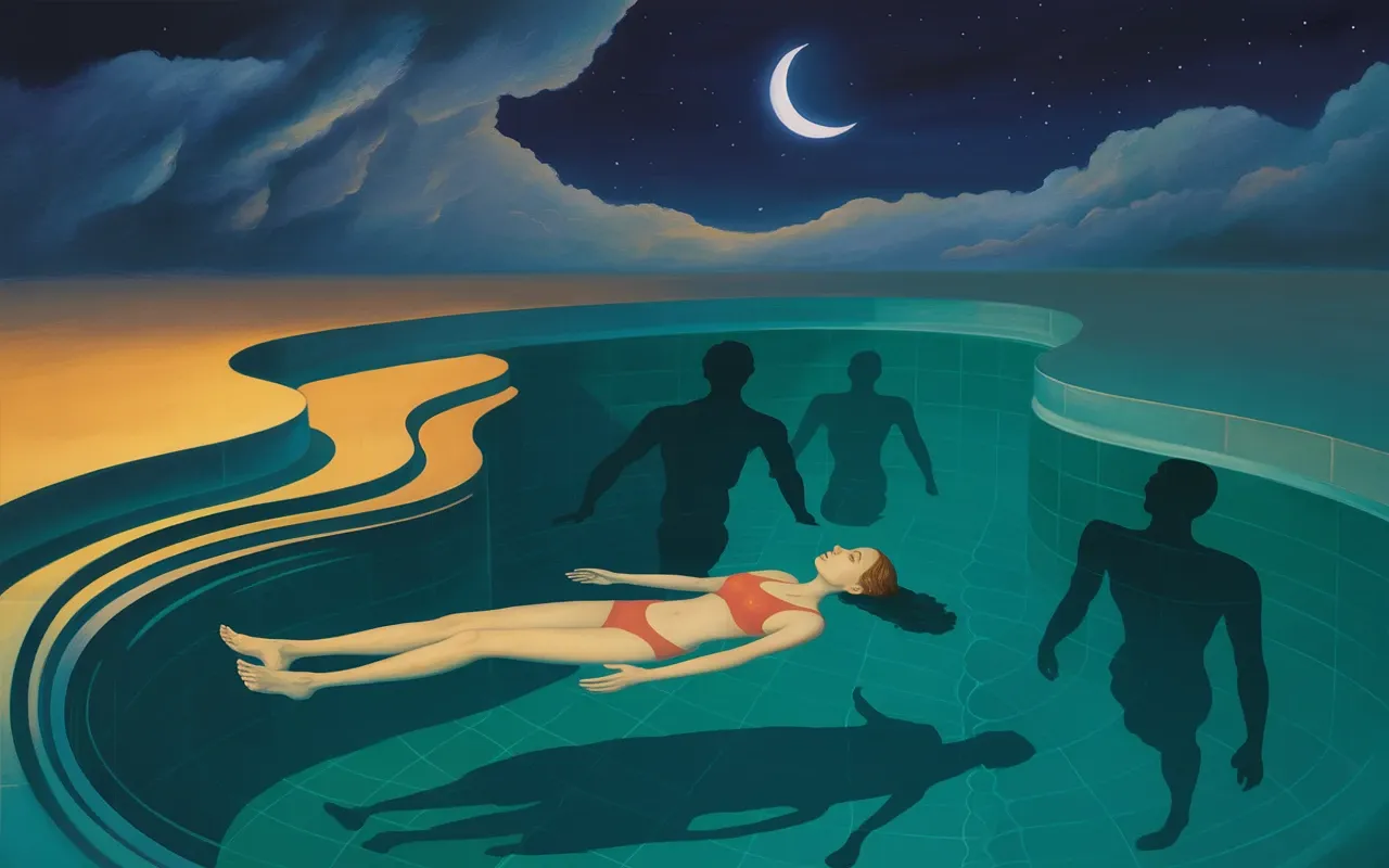 Woman floating in a Jungian dreamscape pool with archetypal reflections