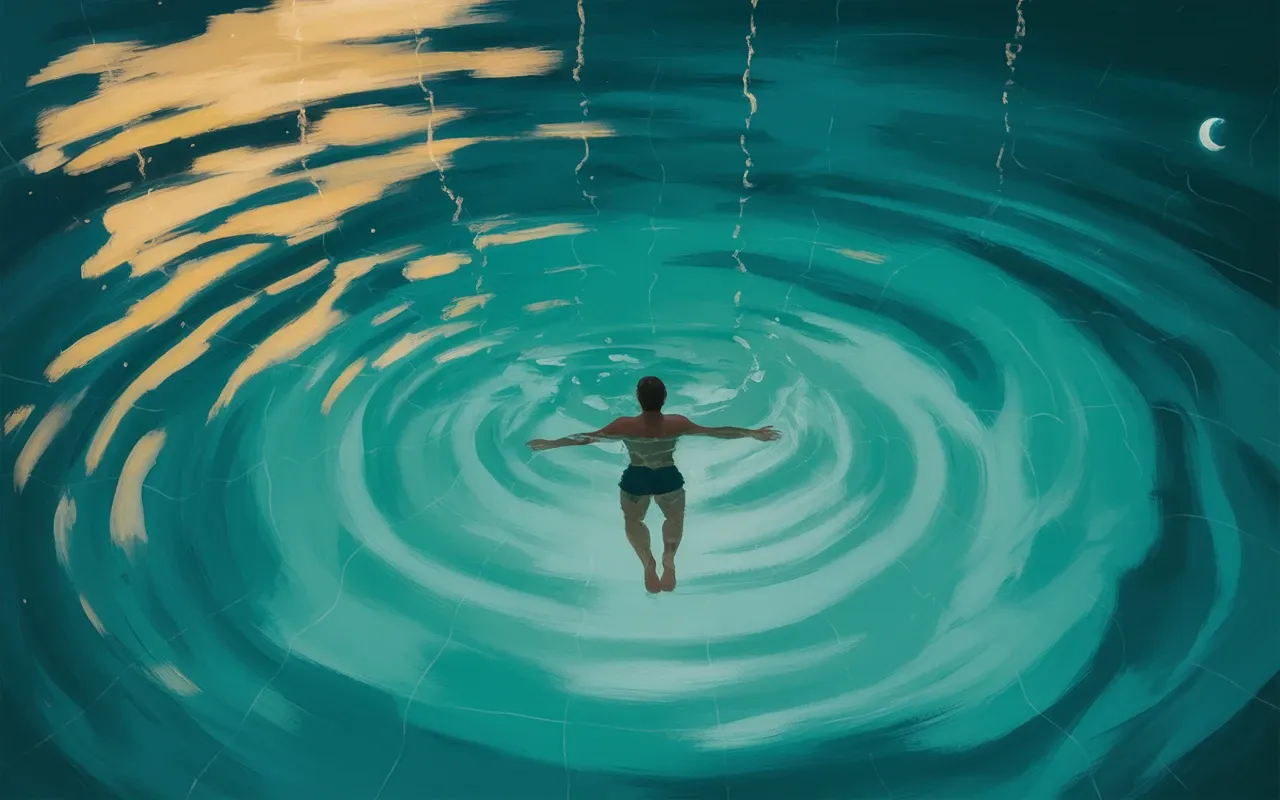 Person swimming in a luminous dreamscape pool at night with celestial reflections