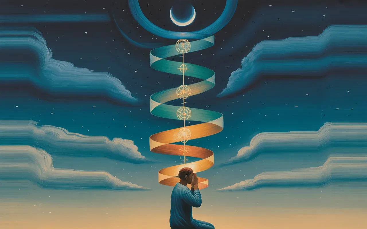 Person praying in a Jungian dreamscape with swirling teal and amber light, surrealist spiritual symbolism