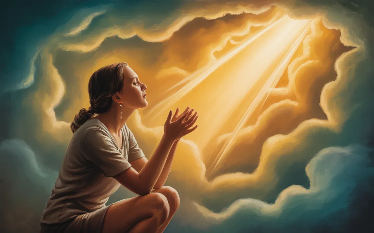 Woman in solitary tearful prayer, golden divine light streaming through clouds in a surrealist dream setting