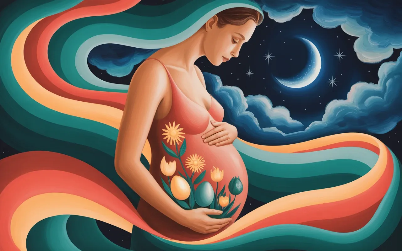 Jungian dreamscape showing a woman figure with symbolic seeds and glowing flowers representing new creative potential and spiritual growth