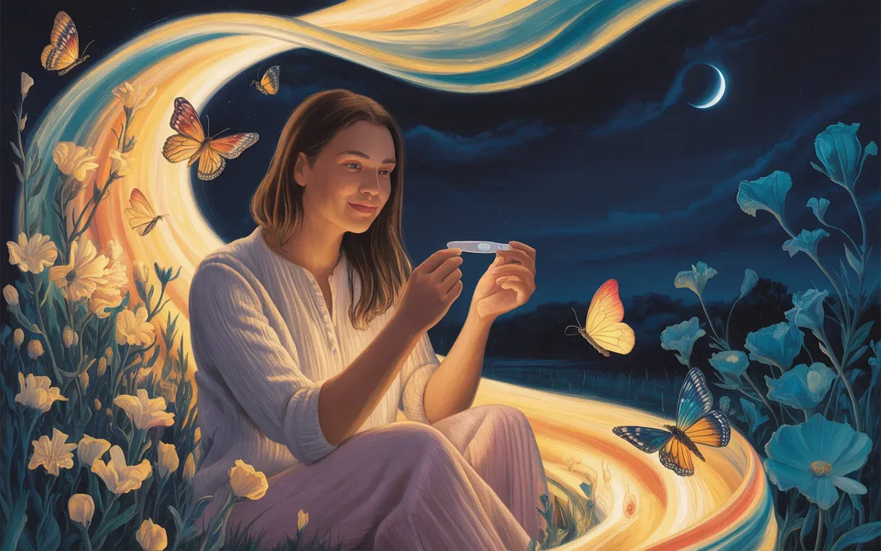 Woman in serene dreamscape discovering glowing light representing new beginnings and personal transformation
