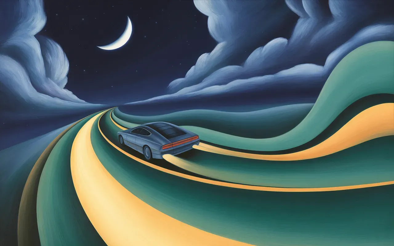 Speeding car in abstract Jungian dreamscape with teal and amber light