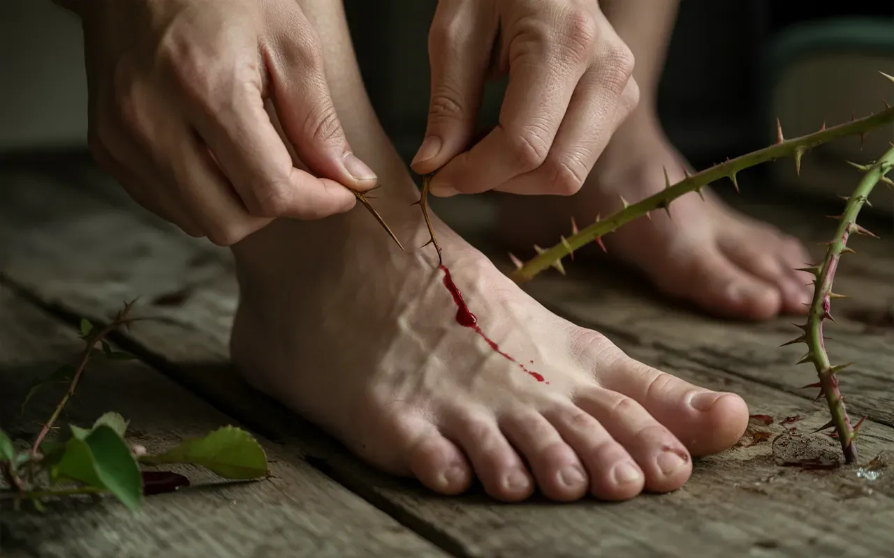 Close-up of hands carefully pulling a long thorn from a bare foot, rose vine and soft warm light, dreamlike