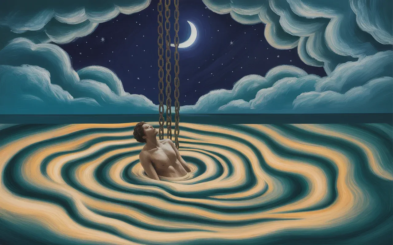 Abstract Jungian dreamscape showing a figure sinking into swirling symbolic quicksand with teal and amber light