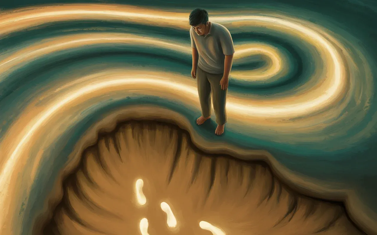 Person standing at the edge of a quicksand pit at night in a surrealist dreamscape with amber and teal swirling light