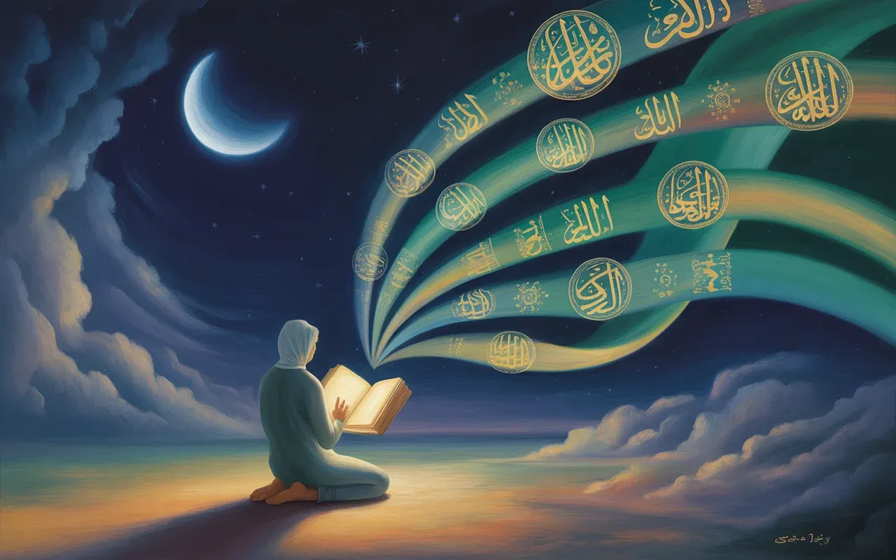 Person kneeling before a glowing sacred book in a surreal dreamscape with teal and amber light ribbons, crescent moon and stars