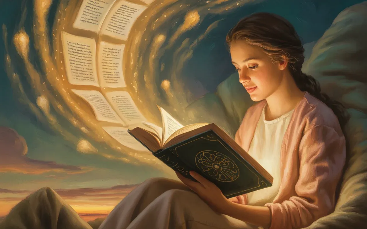 Woman reading a glowing sacred book at dawn in a serene dreamscape with golden and teal light
