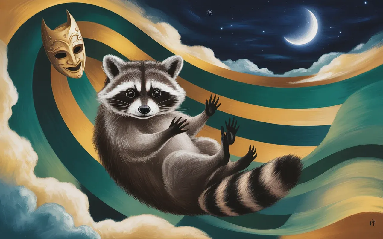 Raccoon spirit figure in a Jungian dreamscape with trickster mask and swirling teal and amber light
