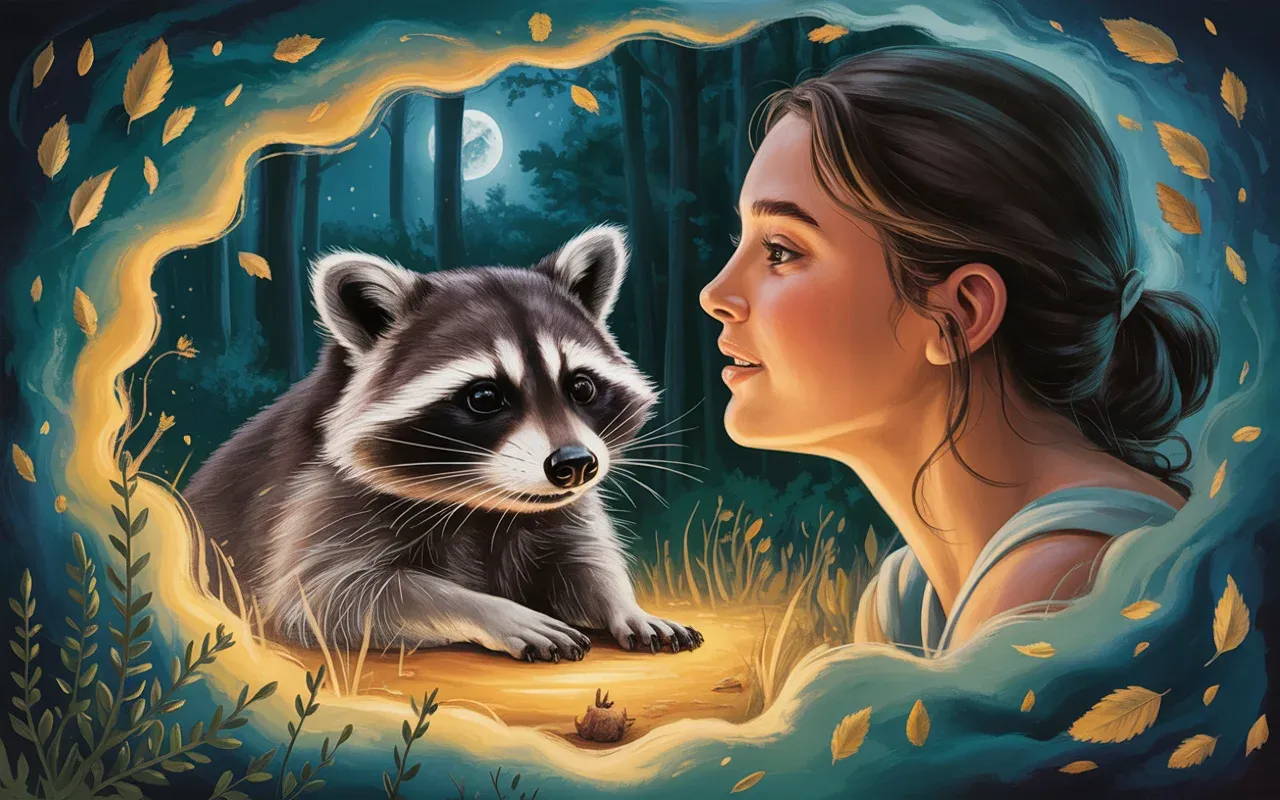 Woman dreaming of a raccoon in a moonlit forest clearing, teal mist and golden dreamscape light surrounding the encounter