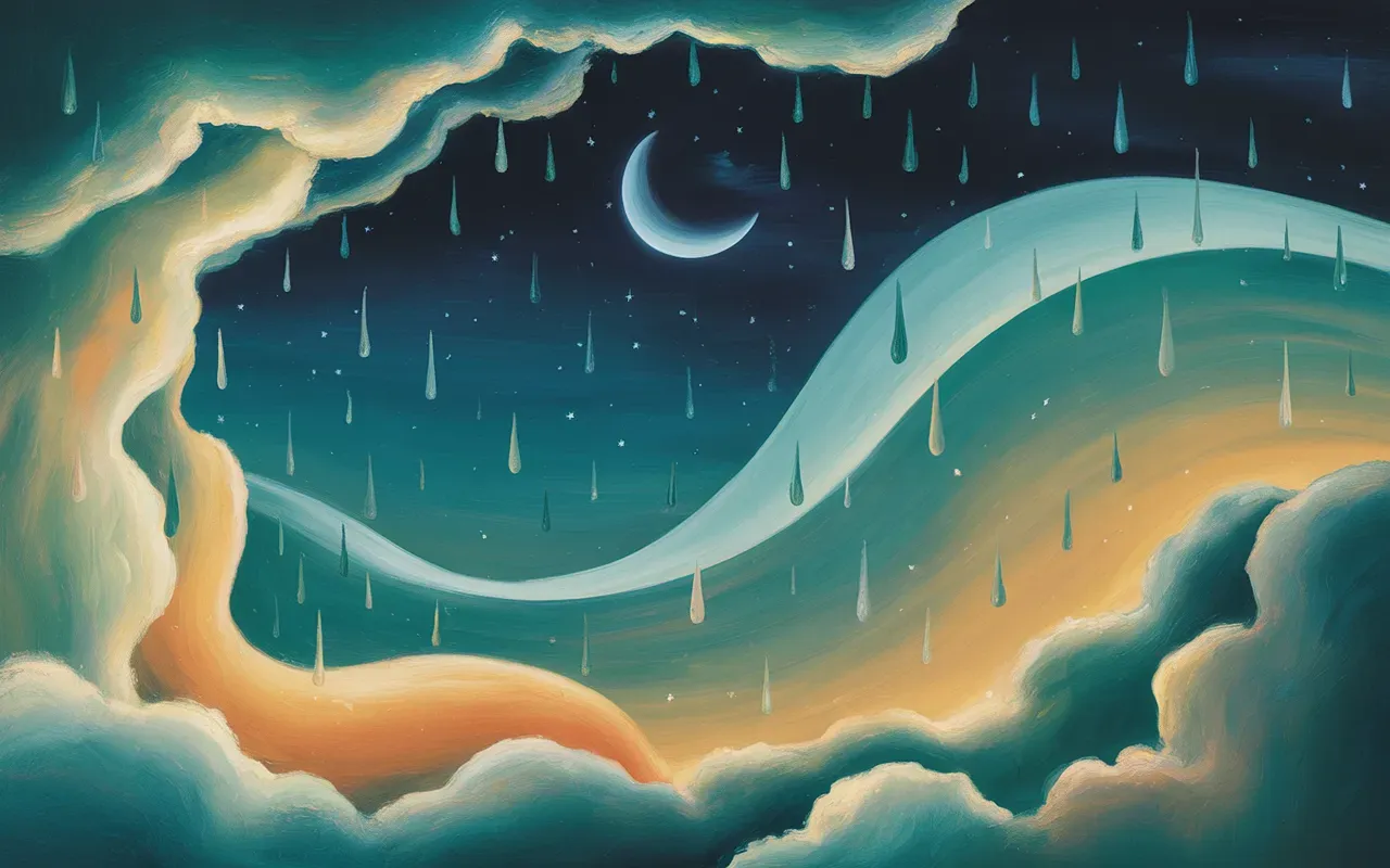 Rain in abstract Jungian dreamscape with teal and amber light