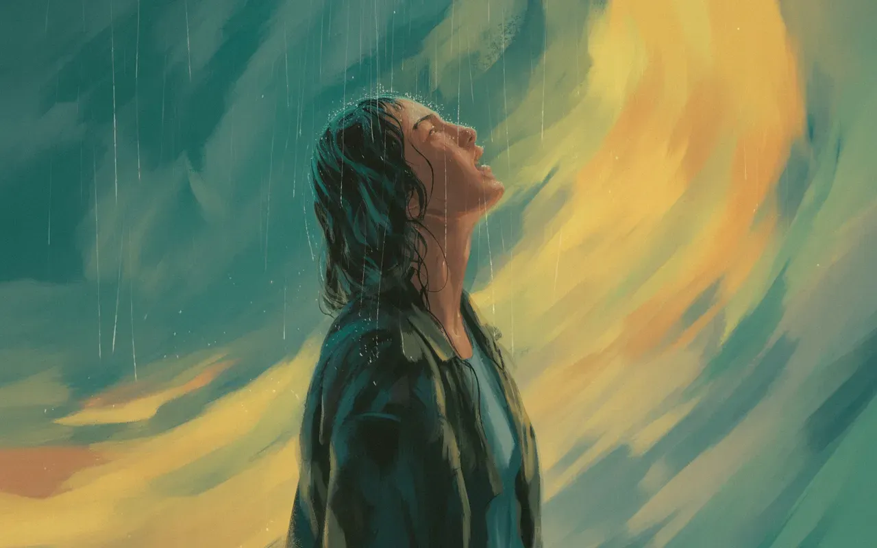 Person experiencing rain in a contemplative dream moment