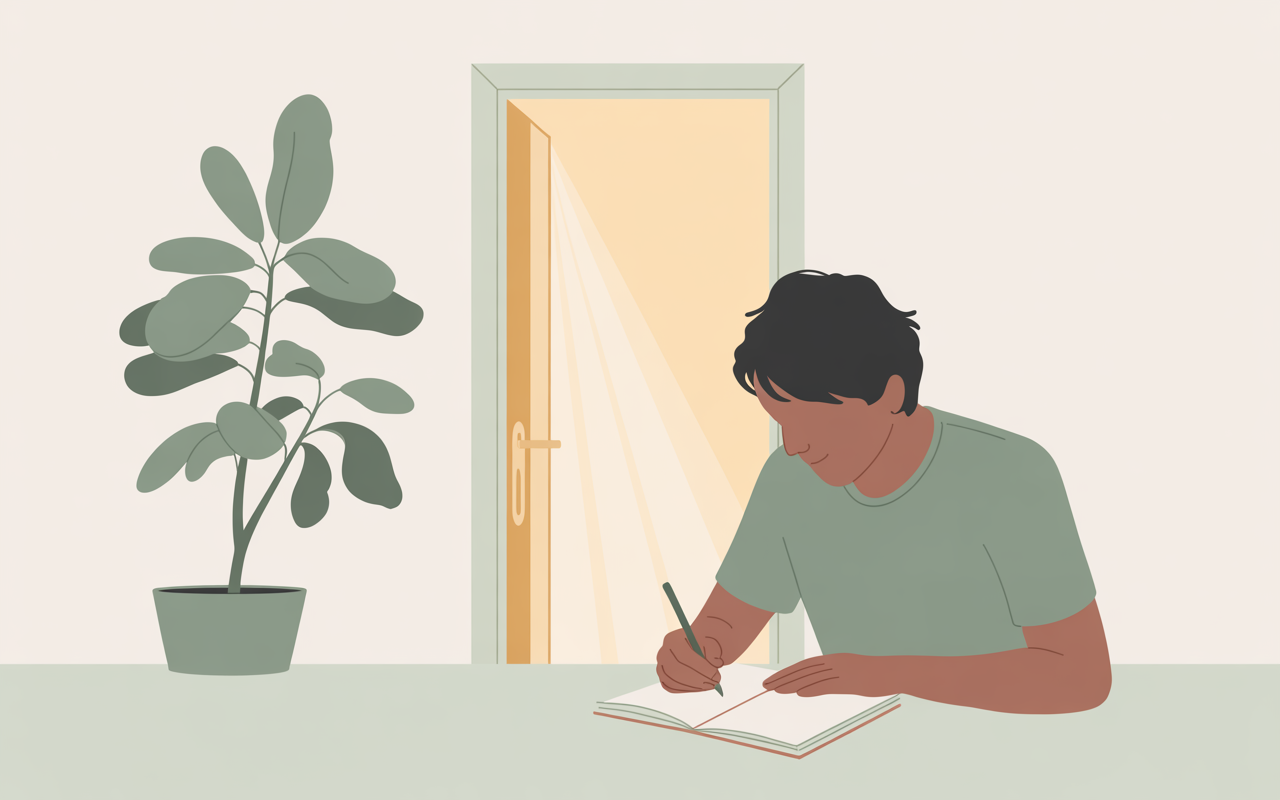 Minimal flat illustration of a person journaling beside an open door with soft light, sage green and cream palette