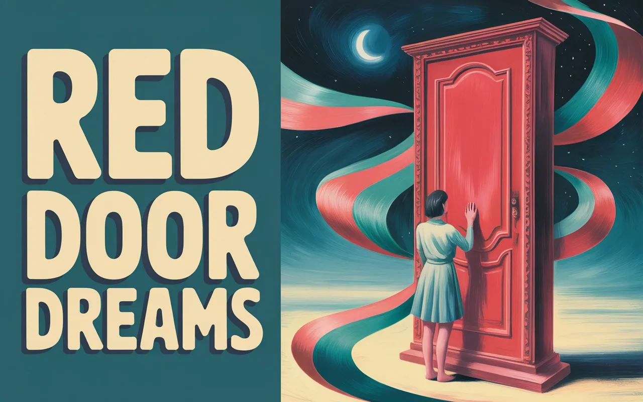 Surrealist painting of a woman standing before a red door that won't open in a dreamscape with teal and coral light