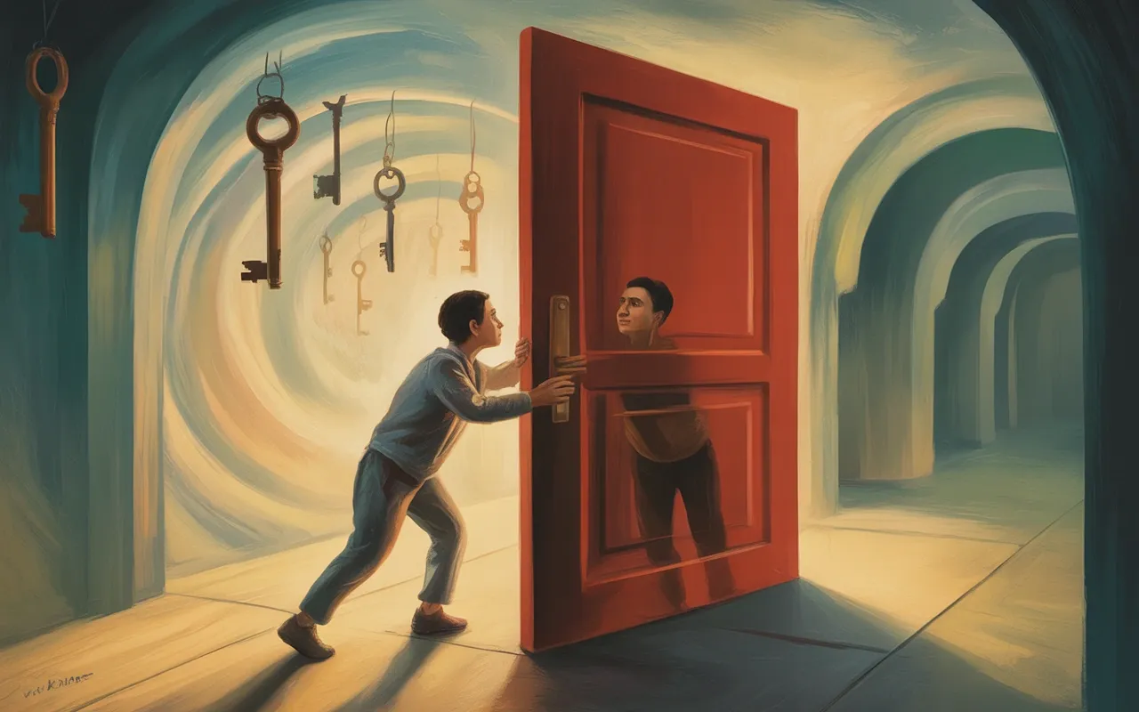 Person pressing against a red door in a dreamy corridor with floating key fragments and golden teal light