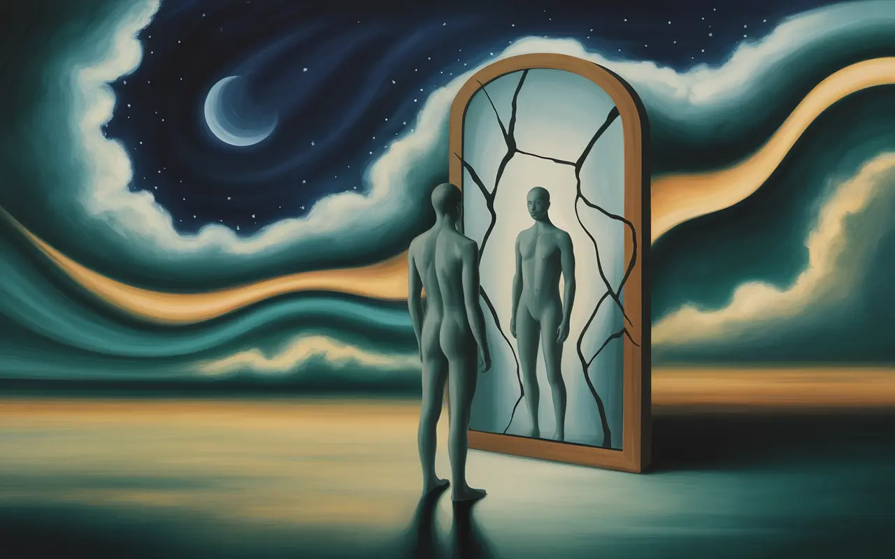 Human figure facing a dreamlike fractured mirror with an independent shadow self in a surrealist Jungian dreamscape