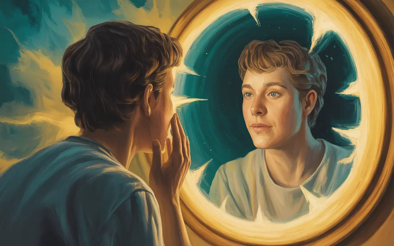 Person gazing into a glowing mirror seeing their reflection turn away independently in a surrealist dreamscape