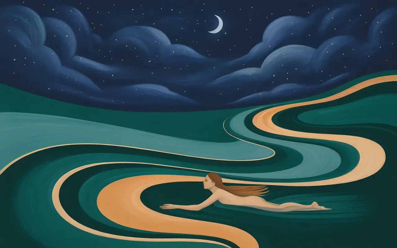 Jungian dreamscape with a figure swimming through teal and amber river currents under a starlit sky