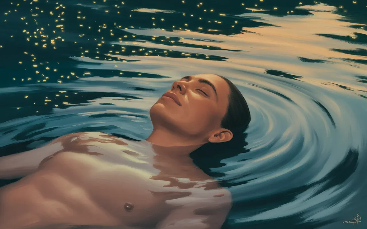 Person floating peacefully in a twilight river with bioluminescent currents and reflected starlight