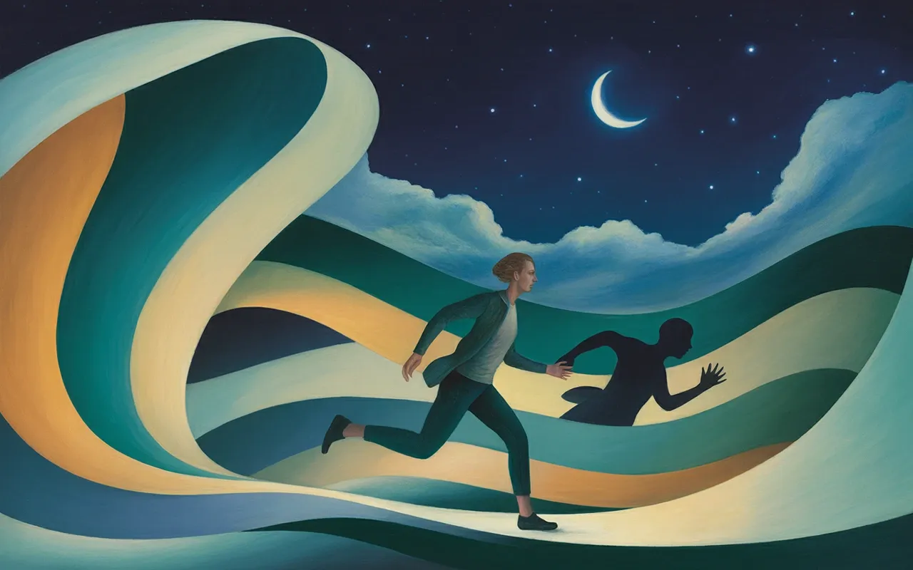Person running through an abstract Jungian dreamscape with swirling teal and amber light, crescent moon above