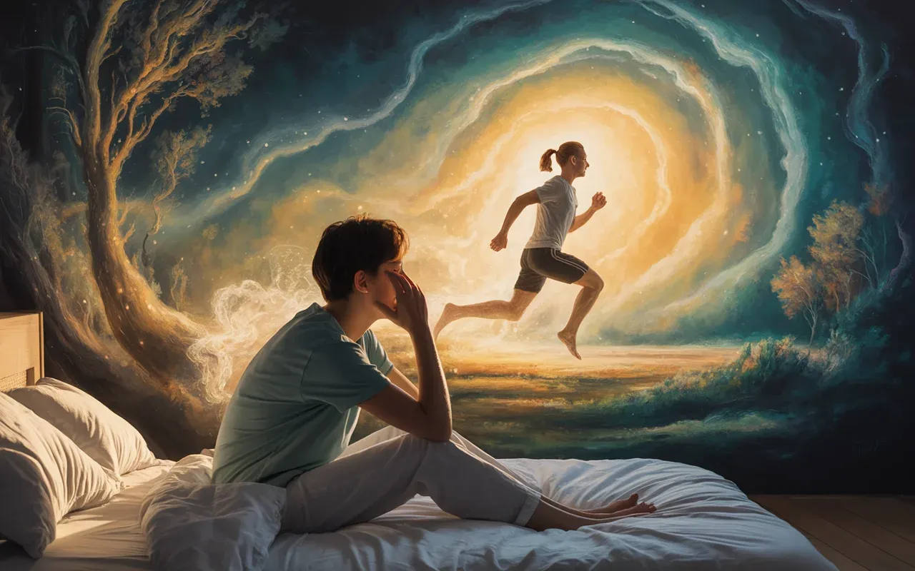 Person waking from a running dream, ethereal afterimage of themselves running through a glowing dreamscape portal with teal and golden light