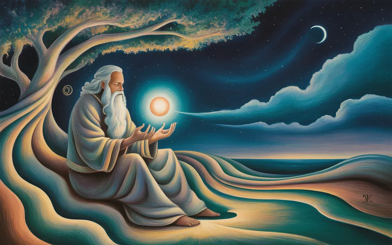 Jungian Wise Old Man archetype as glowing elder sage in surrealist dreamscape with teal and amber light