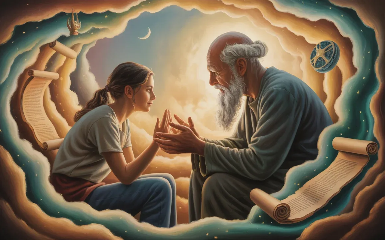 Young woman receiving guidance from a glowing wise elder in a warm golden dreamscape