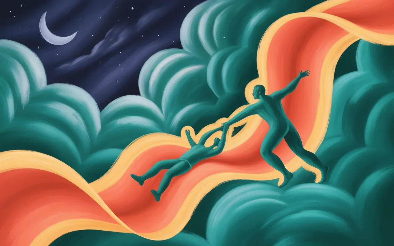 Hero figure in Jungian dreamscape reaching out to save another soul, swirling teal and coral light, painterly surrealist night sky