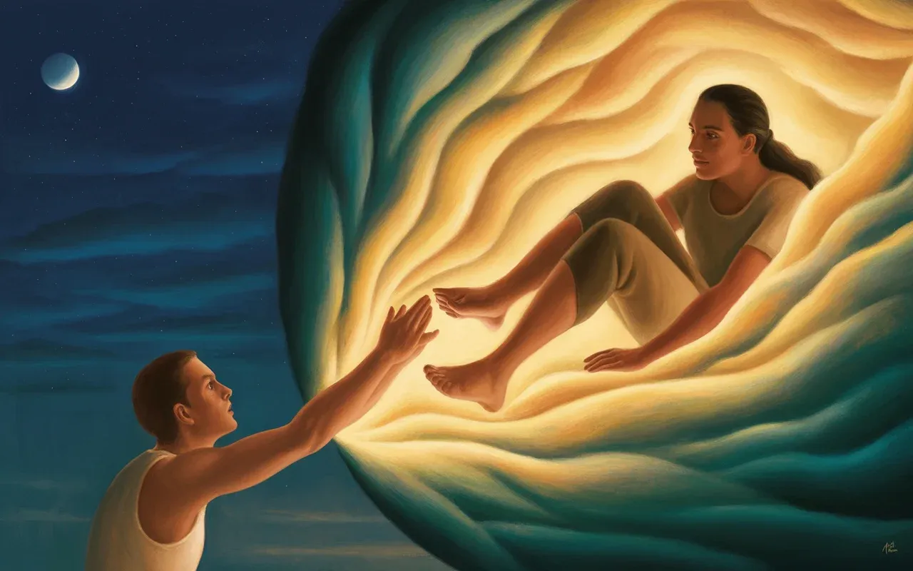 Person reaching heroically to rescue another in a surrealist dreamscape with warm golden and teal swirling light, painterly night sky