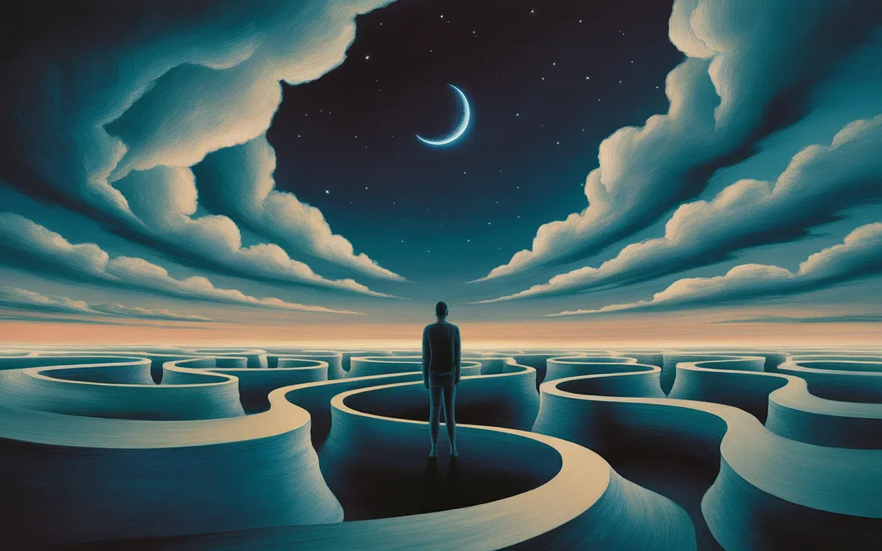 Abstract Jungian dreamscape showing a figure confronting shadowy fears with teal and amber light swirling around them