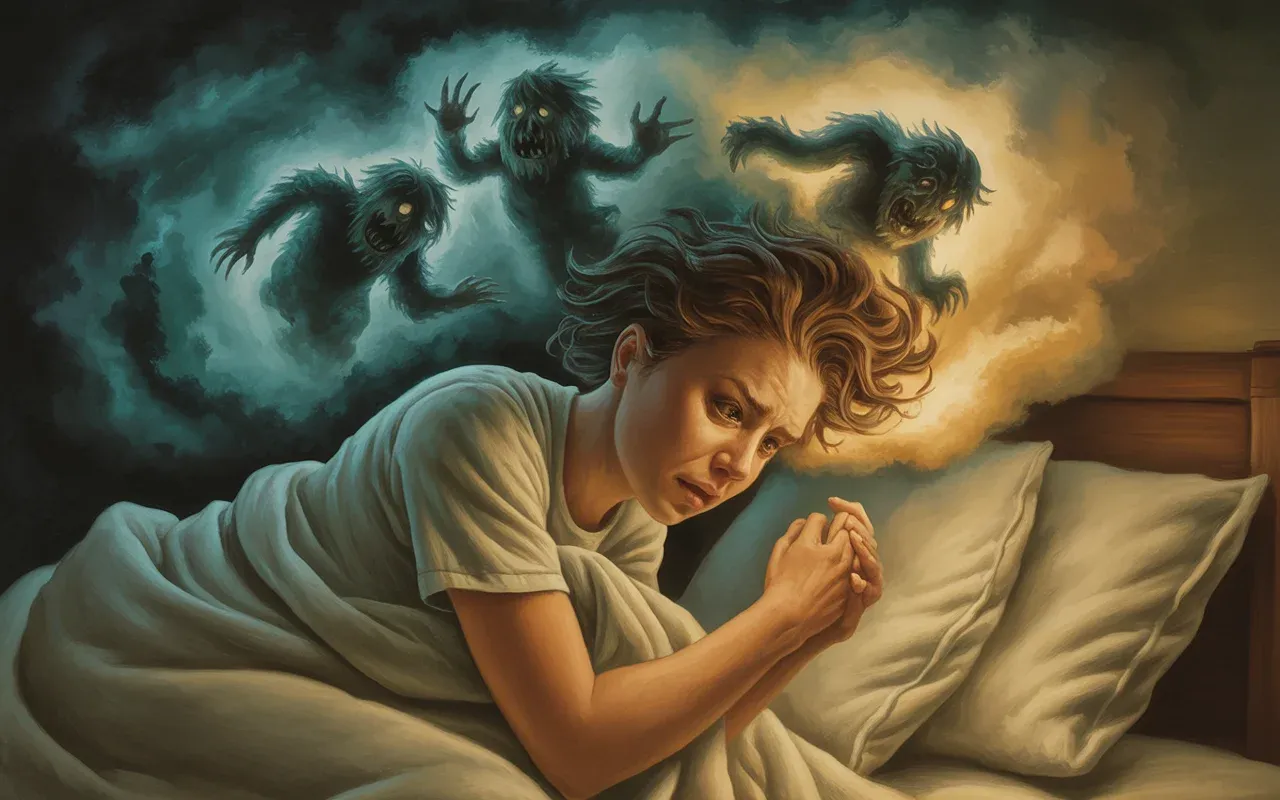 Person waking from a frightening dream with shadowy monsters dissolving into teal dreamscape mist