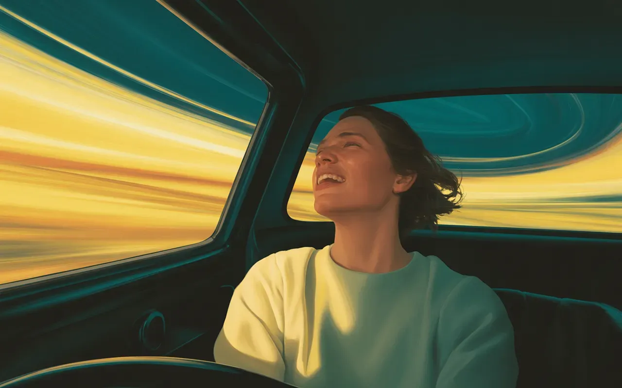 Person experiencing thrill and fear as passenger in speeding car dream