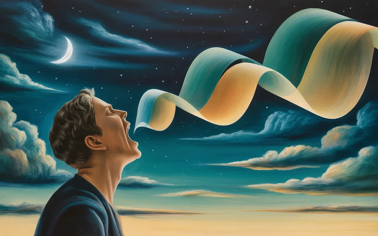 Abstract Jungian dreamscape with silent scream, teal and amber ribbons of light under crescent moon