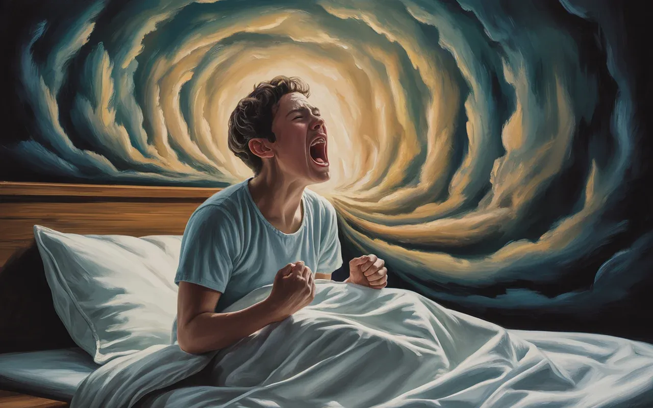 Person experiencing a screaming nightmare, dreamscape with shadows dissolving into golden teal light