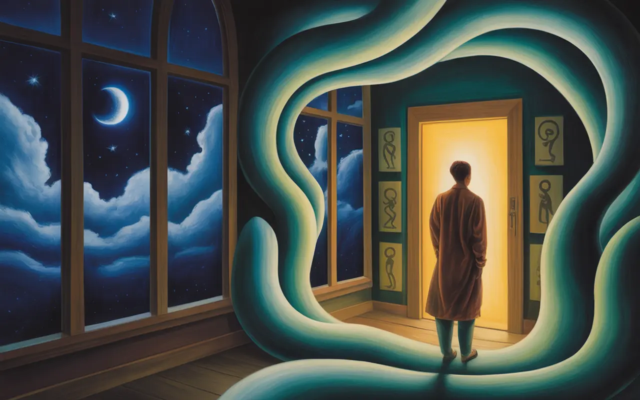 Jungian dreamscape showing a person standing at a glowing hidden doorway in a familiar house, teal and amber light swirling through the scene