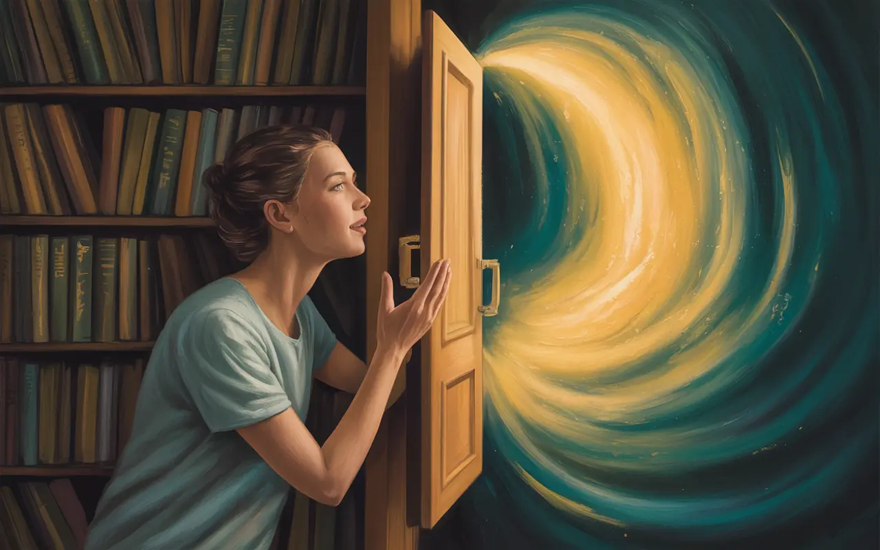 Woman discovering a hidden passage behind a bookshelf, warm golden light spilling through the doorway in a painterly dreamscape