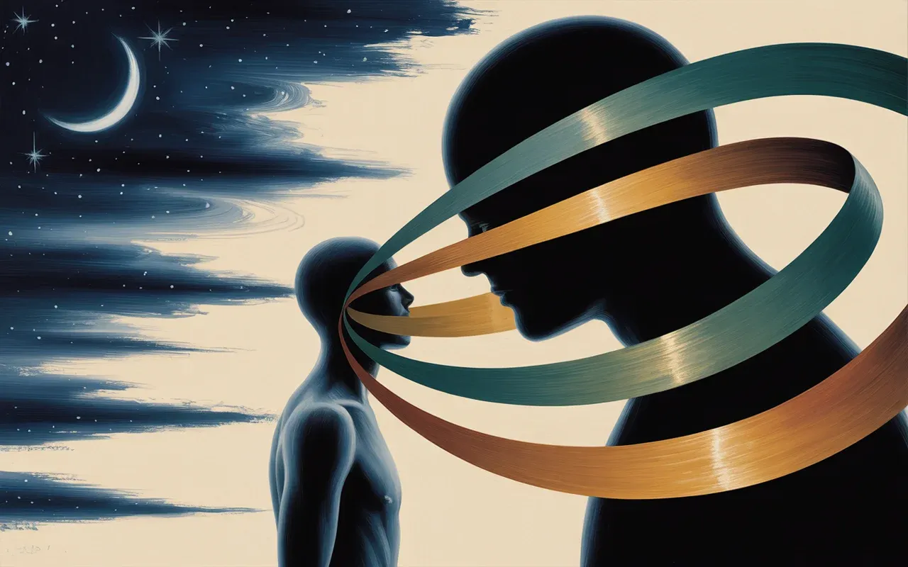 Jungian shadow archetype as dark figure in surrealist dreamscape with swirling teal and amber light