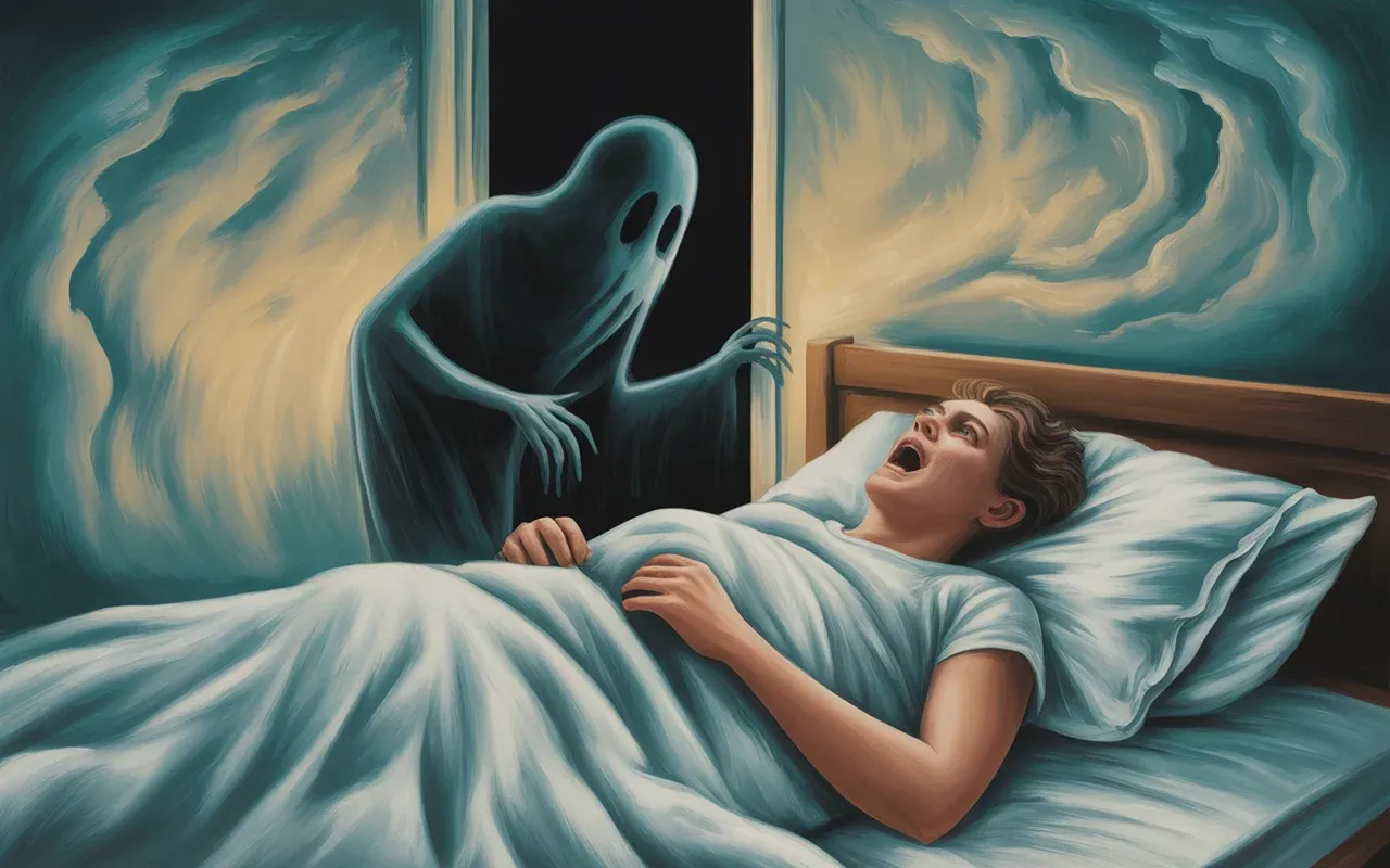 Person awakening from nightmare with dark presence at doorway in ethereal teal and golden dreamscape