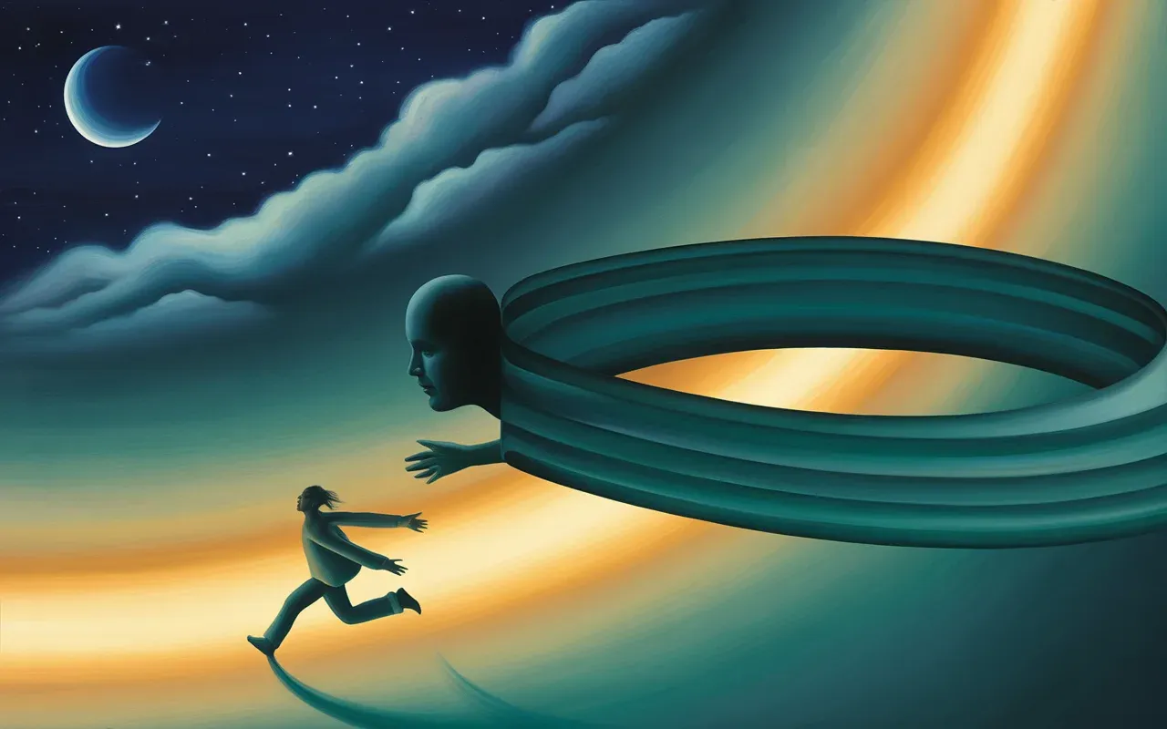 Jungian shadow archetype dream — person fleeing their own shadow self in surrealist dreamscape