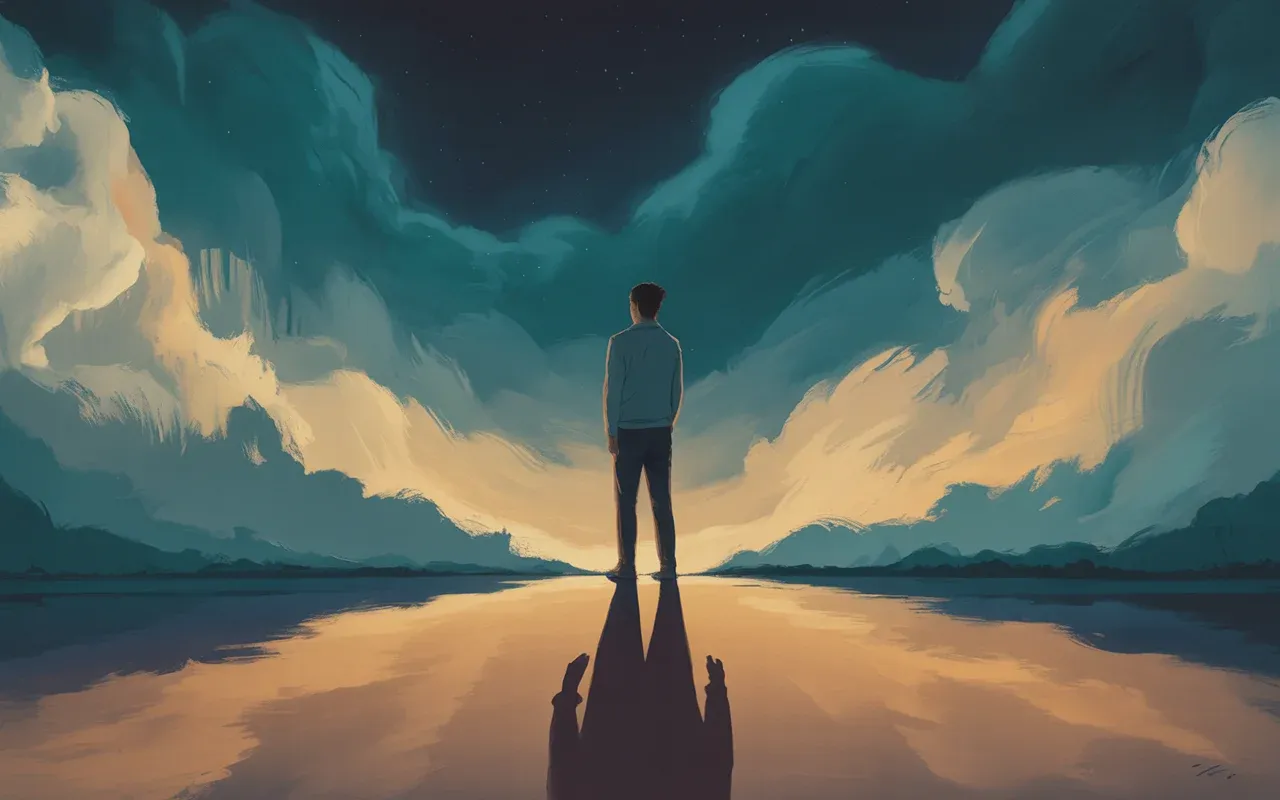 Person standing at crossroads facing their shadow — dream symbolism of self-confrontation