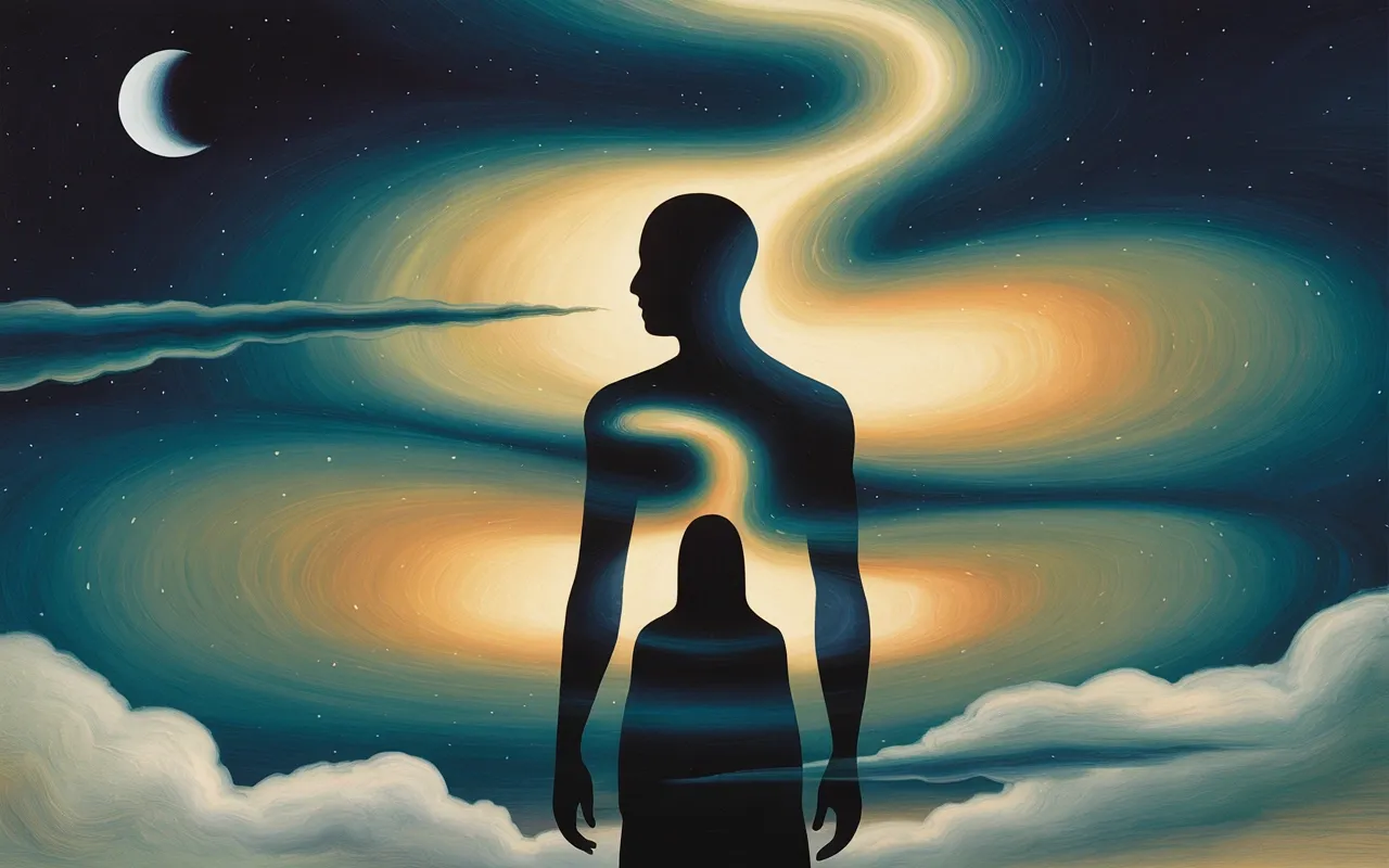 Jungian shadow archetype figure in abstract dreamscape with swirling teal and amber light