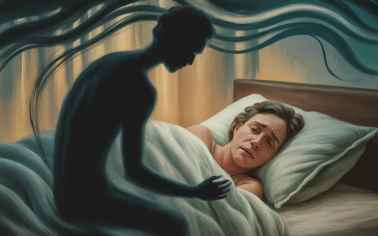 Person in restless sleep with a dark shadow figure looming in dreamscape with teal and golden light