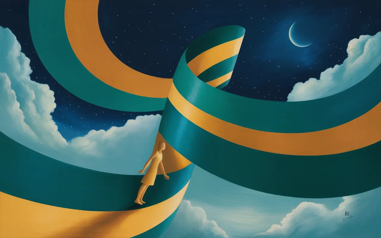 Abstract Jungian dreamscape showing a figure shifting between tiny and giant proportions