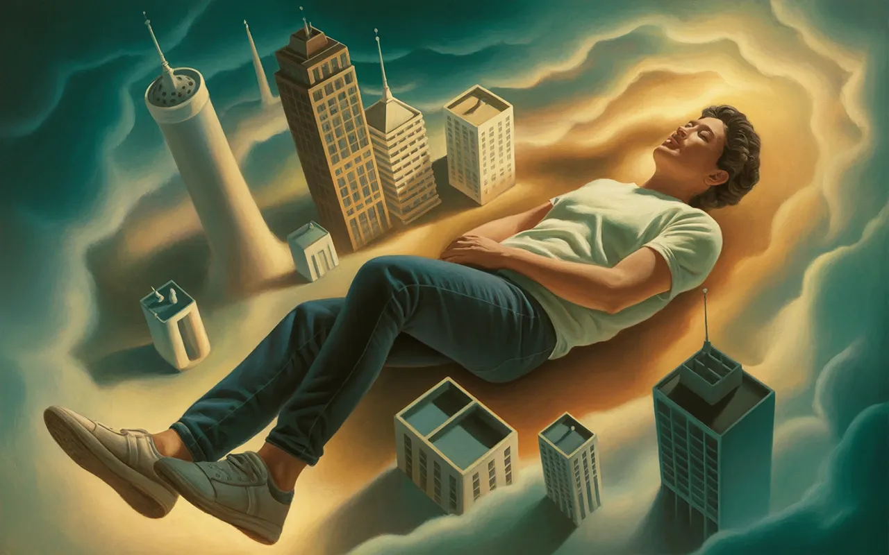 Person experiencing the sensation of growing larger in a surrealist dream landscape with golden light