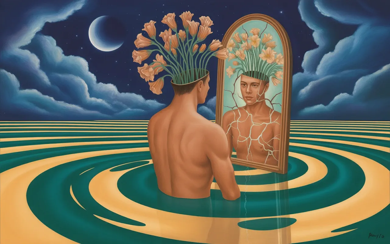 Abstract Jungian dreamscape showing inner healing and transformation with teal and amber light