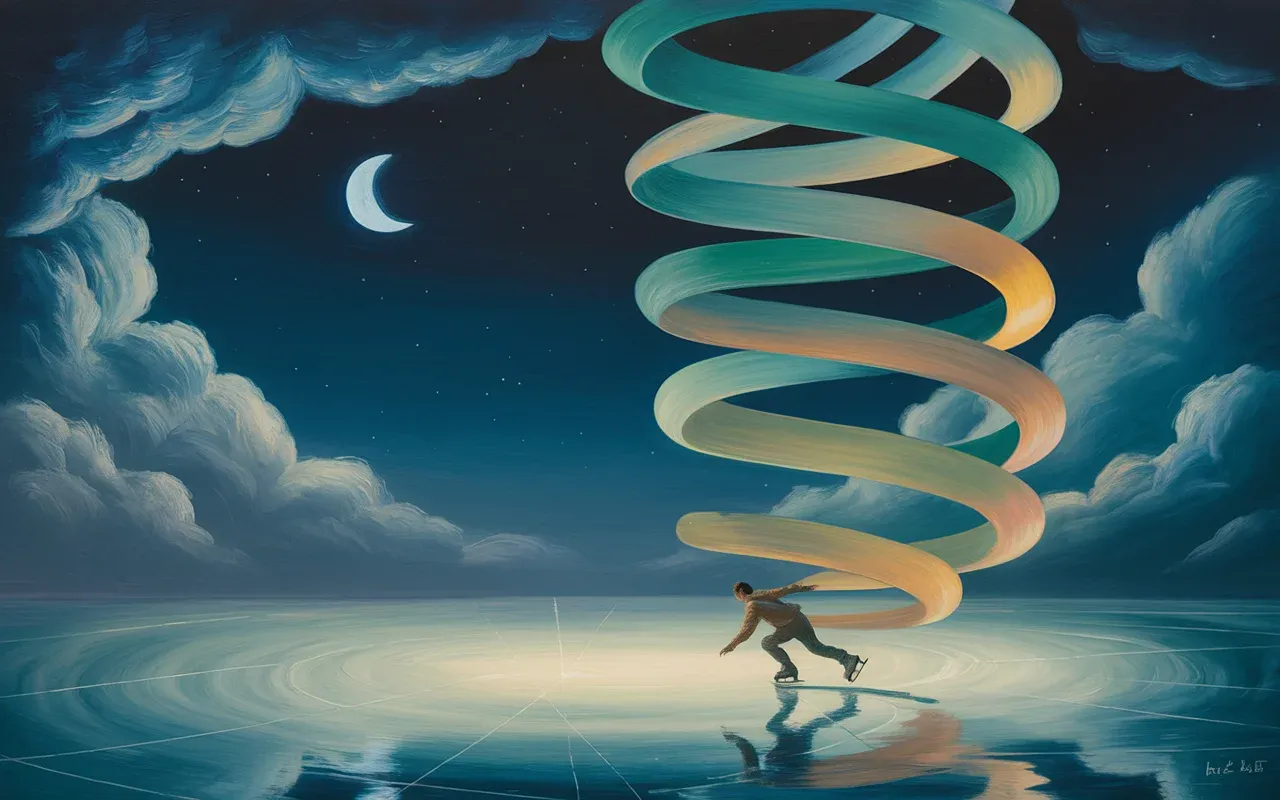 Jungian dreamscape showing a figure skating across luminous ice under a crescent moon with teal and amber energy trails