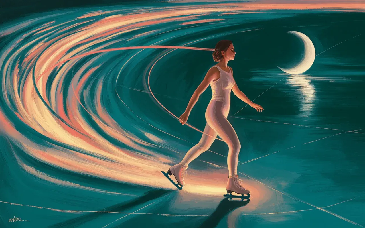 Woman skating alone on a frozen moonlit lake with swirling teal and coral light trails in a painterly dreamscape