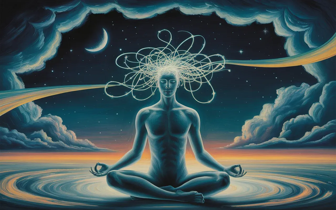 Translucent figure meditating in Jungian dreamscape with teal and amber light ribbons representing the space between thoughts