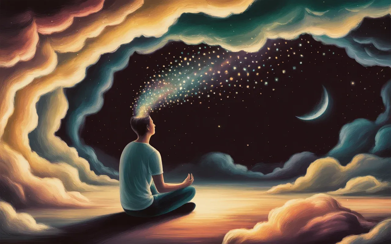 Person floating in cosmic void with dissolving thoughts and teal golden light ribbons representing pure awareness in dreams